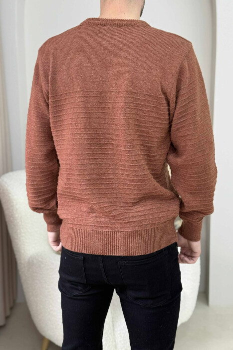 ONE COLOR KNITTED MEN SWEATER BRICK/TULLE - 4