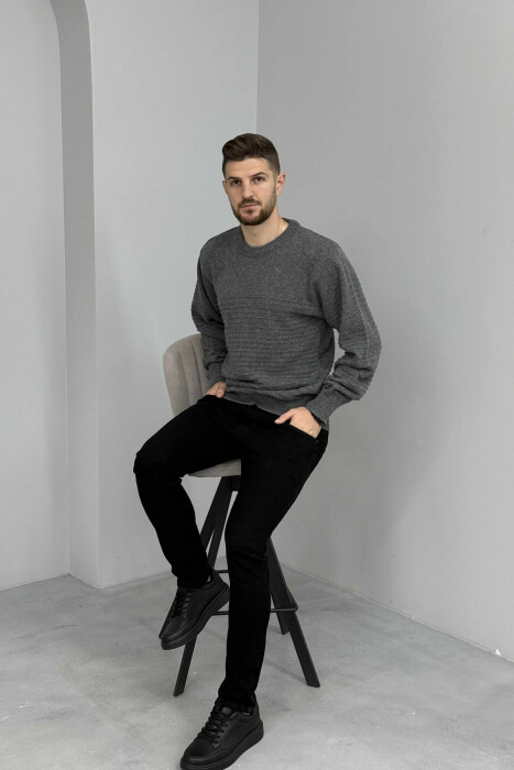 ONE COLOR KNITTED MEN SWEATER DARK GREY/GEE - 1