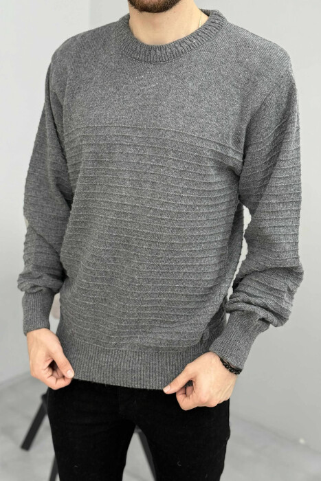 ONE COLOR KNITTED MEN SWEATER DARK GREY/GEE - 2