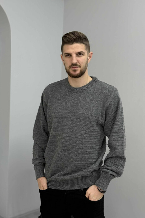 ONE COLOR KNITTED MEN SWEATER DARK GREY/GEE - 3