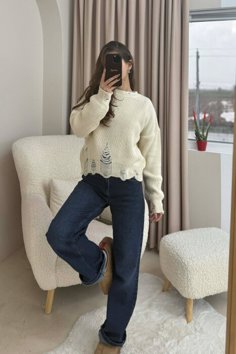 ONE COLOR KNITTED RIPPED DESIGN WOMEN SWEATER BEIGE/BEZHE 