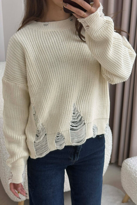ONE COLOR KNITTED RIPPED DESIGN WOMEN SWEATER BEIGE/BEZHE - 3