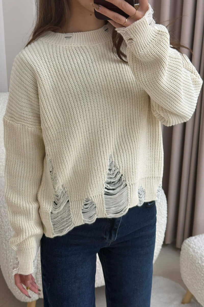 ONE COLOR KNITTED RIPPED DESIGN WOMEN SWEATER BEIGE/BEZHE - 3