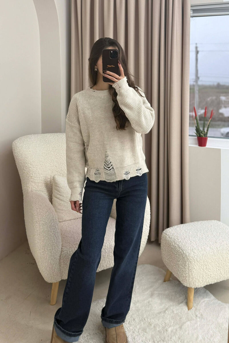 ONE COLOR KNITTED RIPPED DESIGN WOMEN SWEATER CREAM/KREM - 1