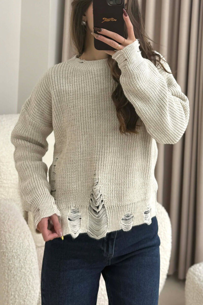 ONE COLOR KNITTED RIPPED DESIGN WOMEN SWEATER CREAM/KREM - 2