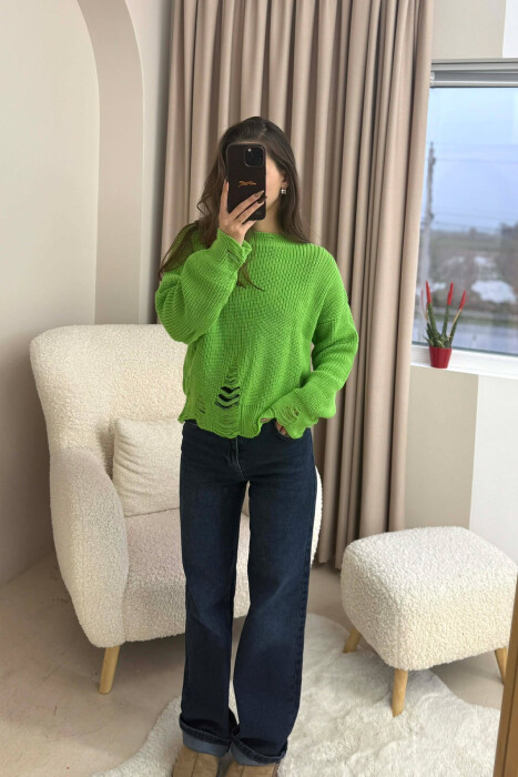ONE COLOR KNITTED RIPPED DESIGN WOMEN SWEATER LIGHT GREEN/JEZB 
