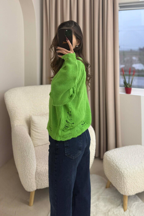 ONE COLOR KNITTED RIPPED DESIGN WOMEN SWEATER LIGHT GREEN/JEZB - 4