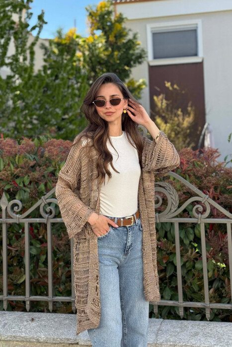 ONE COLOR KNITTED SIMPLE WOMEN CARDIGAN BROWN/KAFE - KLAUDIO FASHION