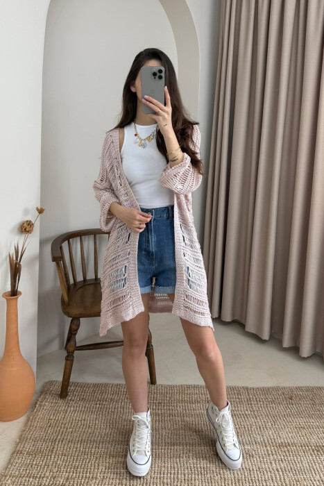 ONE COLOR KNITTED SIMPLE WOMEN CARDIGAN POWDER/PUDER - 1