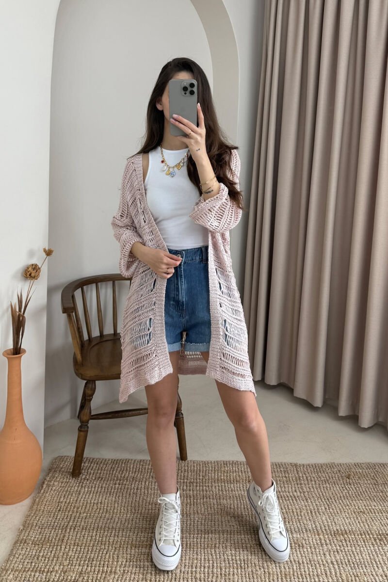 ONE COLOR KNITTED SIMPLE WOMEN CARDIGAN POWDER/PUDER - 1