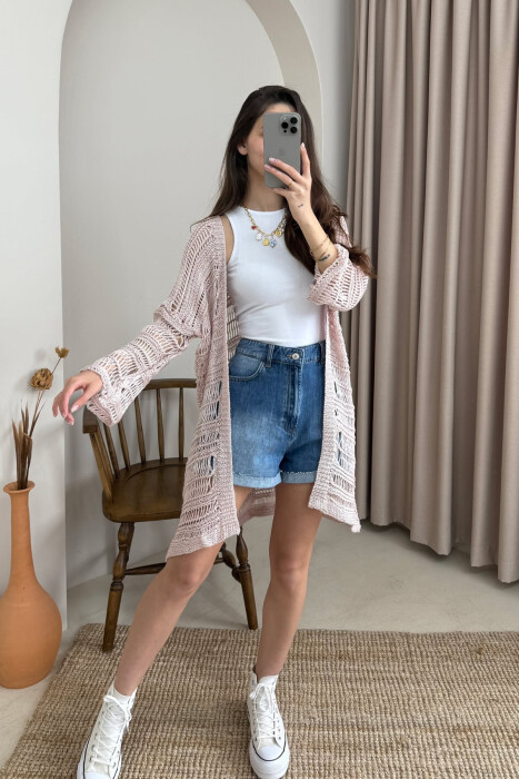 ONE COLOR KNITTED SIMPLE WOMEN CARDIGAN POWDER/PUDER - 2