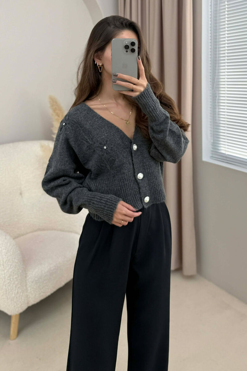 ONE COLOR KNITTED WOMEN CARDIGAN DARK GREY/GEE - 1
