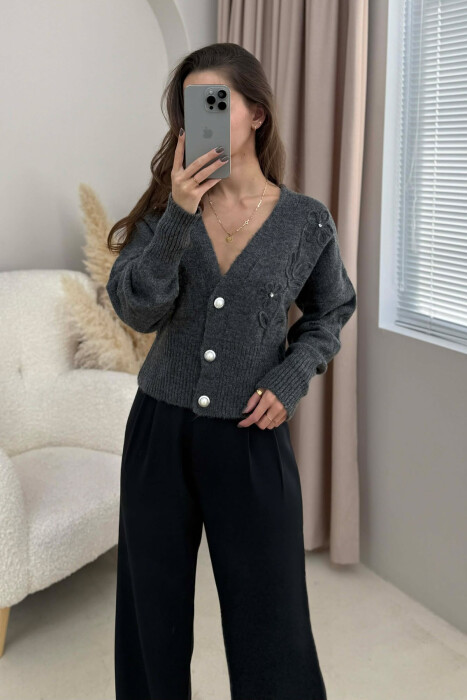 ONE COLOR KNITTED WOMEN CARDIGAN DARK GREY/GEE - 4