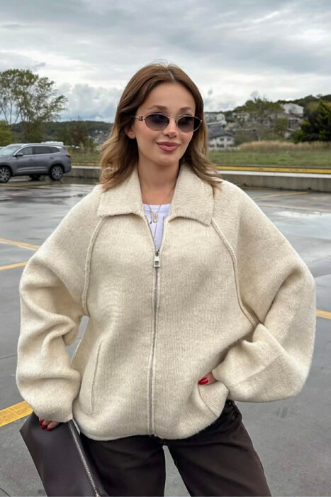 ONE COLOR KNITTED ZIPPER WOMEN CARDIGAN BEIGE/BEZHE 