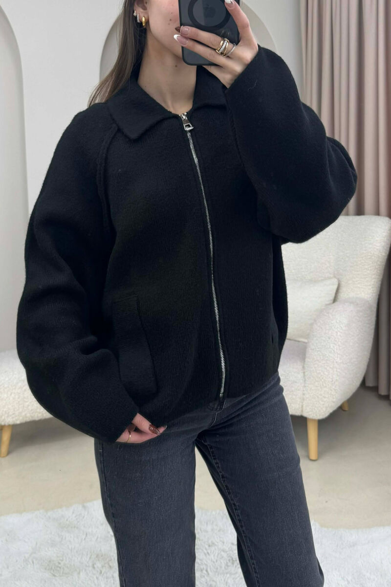 ONE COLOR KNITTED ZIPPER WOMEN CARDIGAN BLACK/ E ZEZE - 1