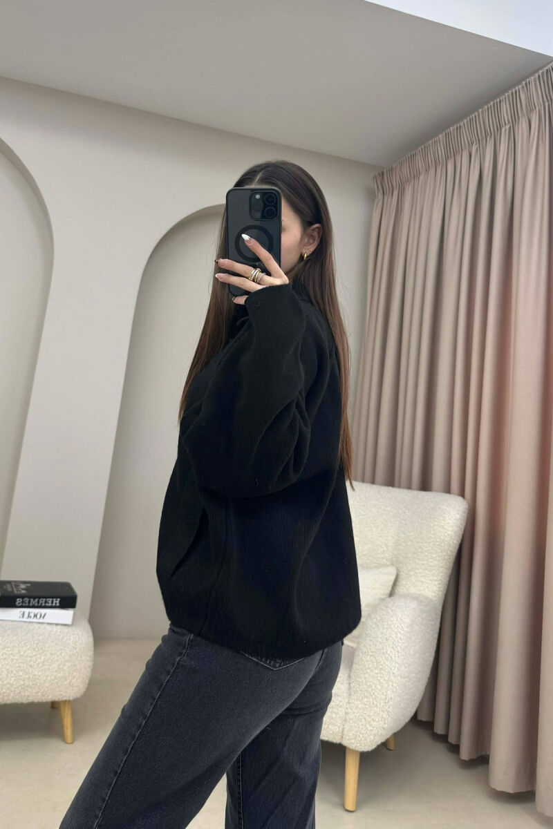 ONE COLOR KNITTED ZIPPER WOMEN CARDIGAN BLACK/ E ZEZE - 2