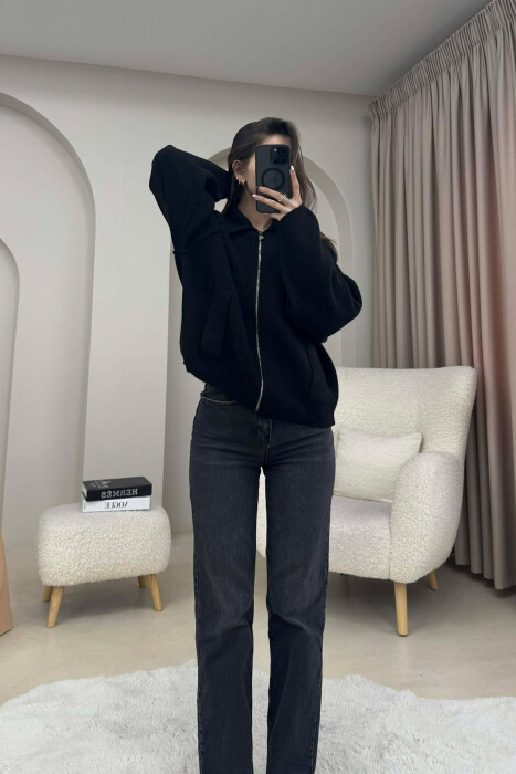 ONE COLOR KNITTED ZIPPER WOMEN CARDIGAN BLACK/ E ZEZE - 3