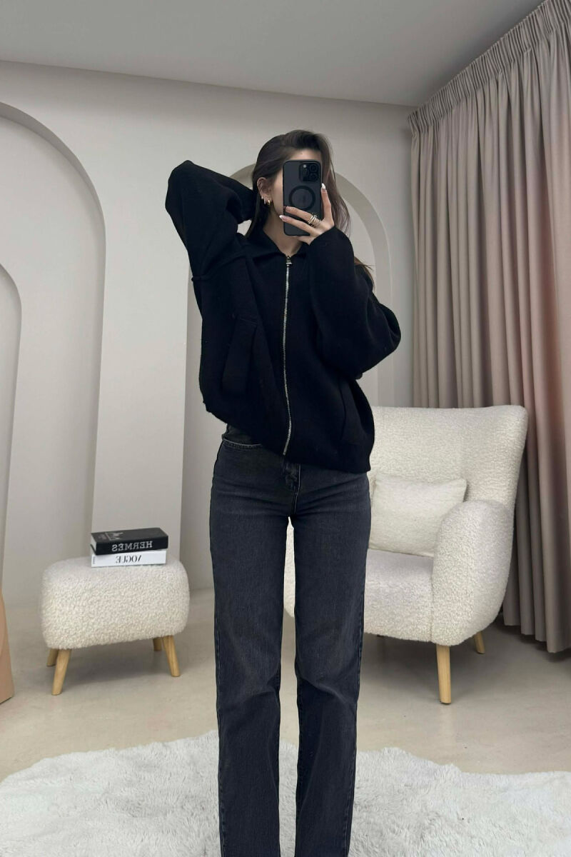 ONE COLOR KNITTED ZIPPER WOMEN CARDIGAN BLACK/ E ZEZE - 3