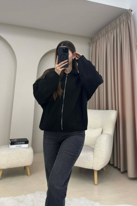 ONE COLOR KNITTED ZIPPER WOMEN CARDIGAN BLACK/ E ZEZE - 4