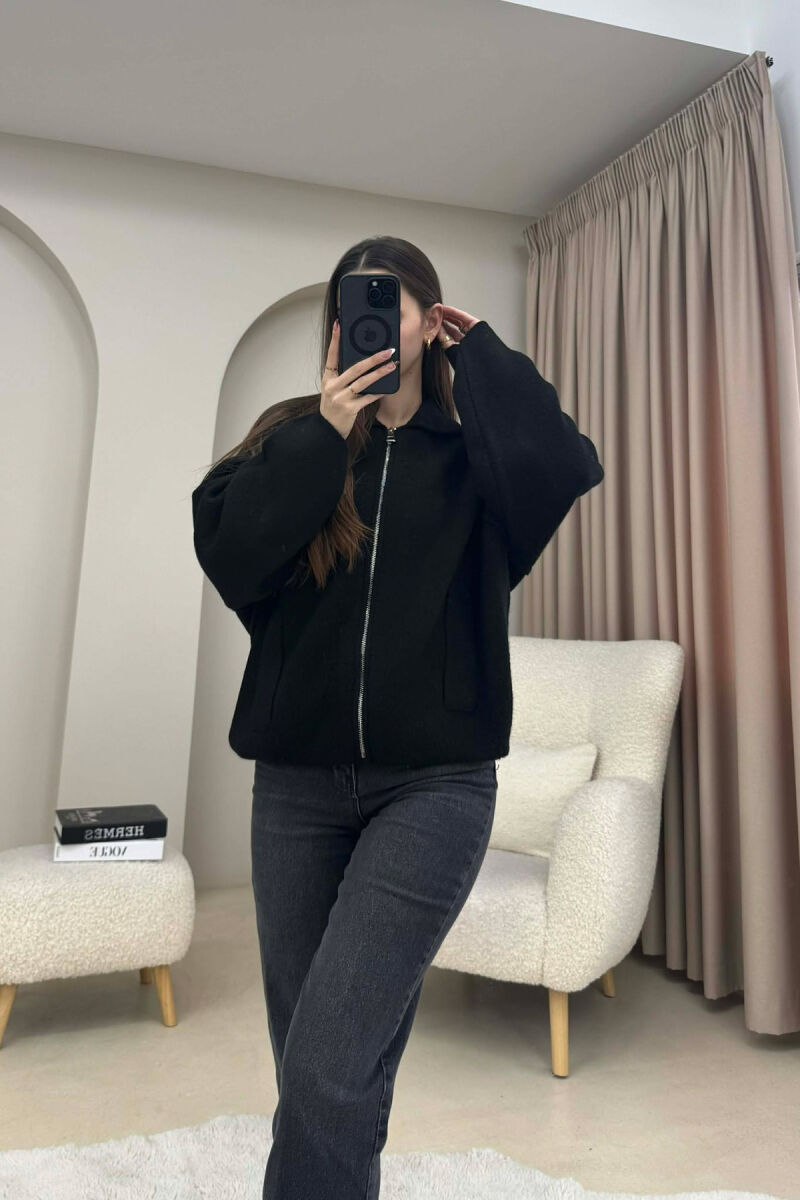 ONE COLOR KNITTED ZIPPER WOMEN CARDIGAN BLACK/ E ZEZE - 4