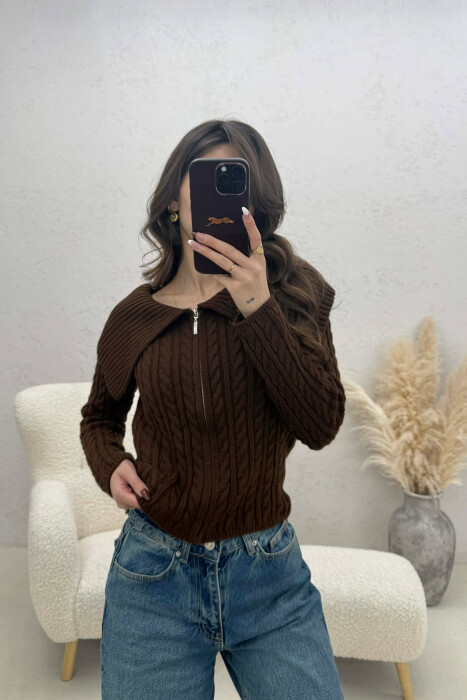 ONE COLOR KNITTED ZIPPER WOMEN CARDIGAN BROWN/KAFE - 1
