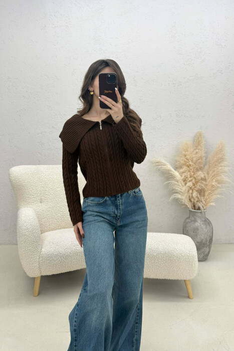 ONE COLOR KNITTED ZIPPER WOMEN CARDIGAN BROWN/KAFE - 2