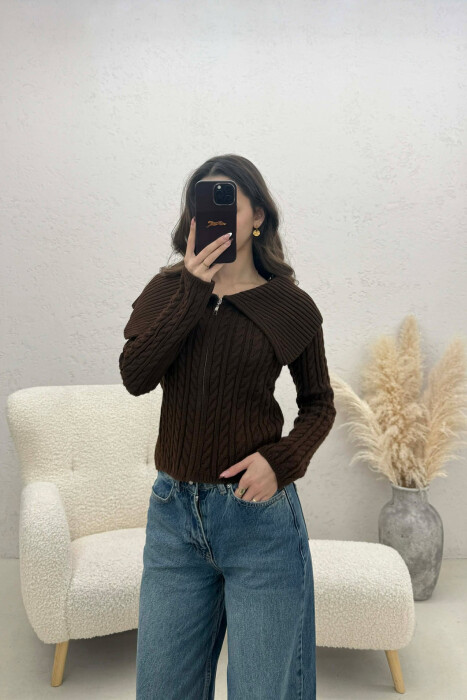 ONE COLOR KNITTED ZIPPER WOMEN CARDIGAN BROWN/KAFE - 3