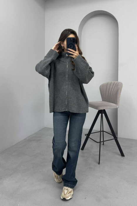 ONE COLOR KNITTED ZIPPER WOMEN CARDIGAN DARK GREY/GEE - 1