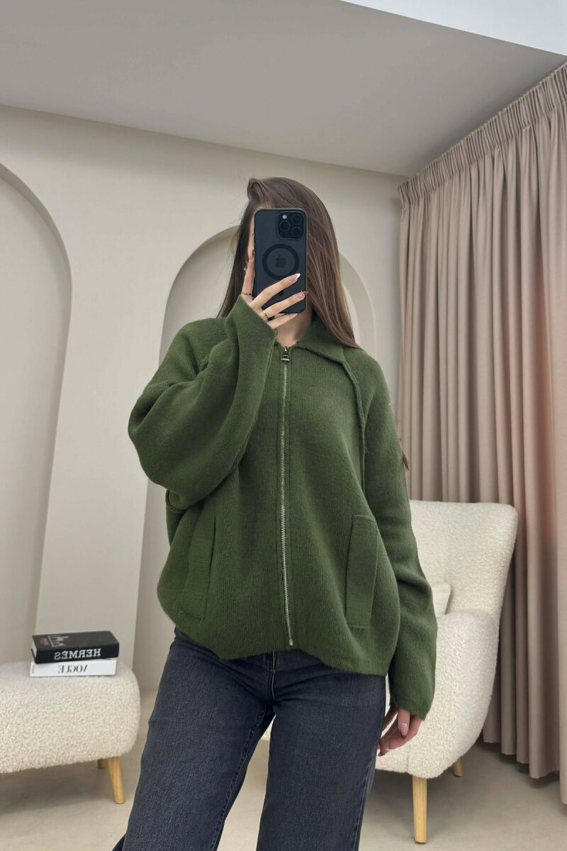 ONE COLOR KNITTED ZIPPER WOMEN CARDIGAN GREEN/JESHILE - 4