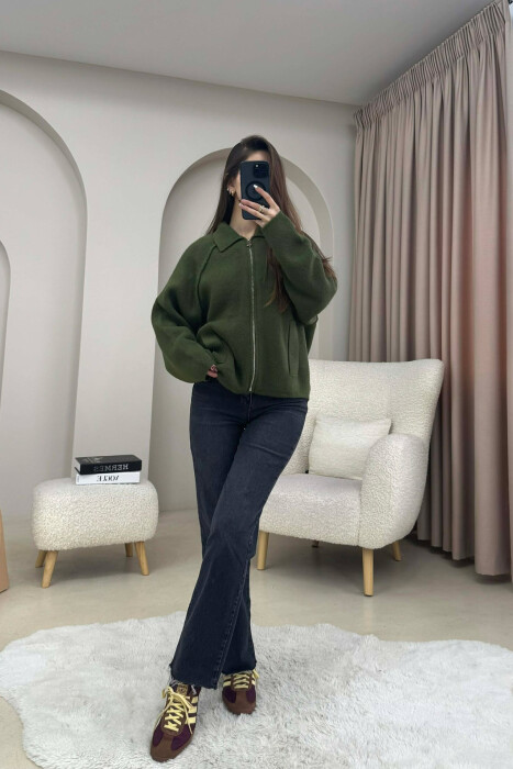 ONE COLOR KNITTED ZIPPER WOMEN CARDIGAN GREEN/JESHILE - 3