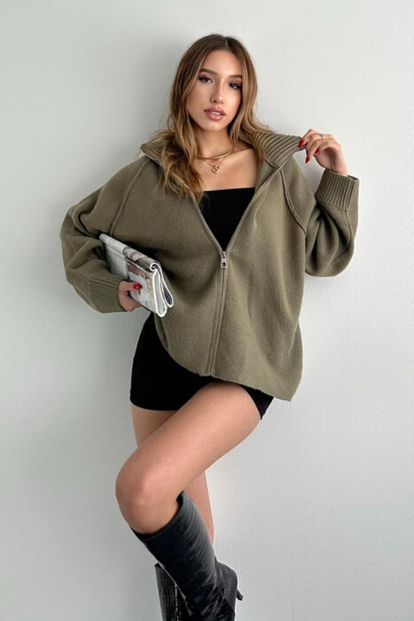 ONE COLOR KNITTED ZIPPER WOMEN CARDIGAN OLIVE/ULLI 