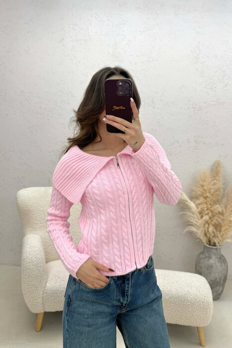 ONE COLOR KNITTED ZIPPER WOMEN CARDIGAN PINK/ROZE - 3