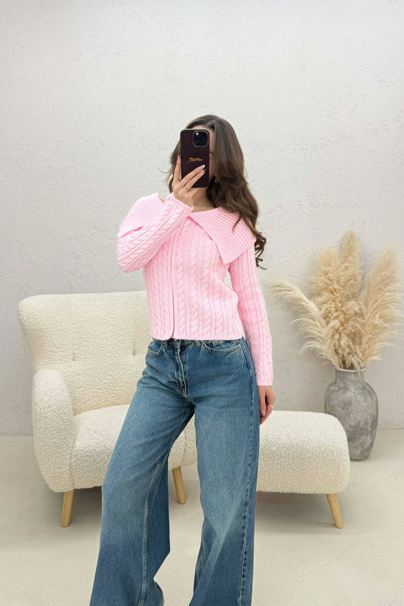 ONE COLOR KNITTED ZIPPER WOMEN CARDIGAN PINK/ROZE - 4