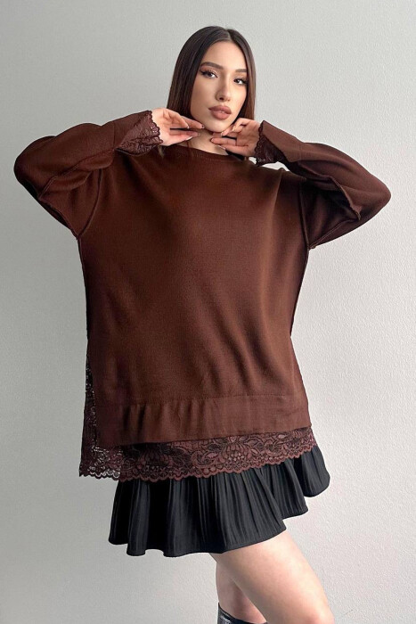 ONE COLOR LACE DETAIL WOMAN SWEATER BROWN/KAFE - KLAUDIO FASHION