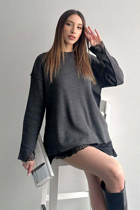 ONE COLOR LACE DETAIL WOMAN SWEATER GREY/GRI - KLAUDIO FASHION