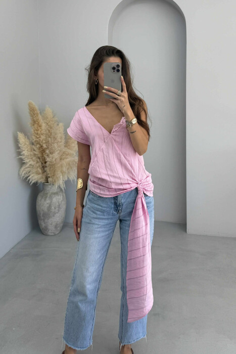 ONE COLOR LACE DETAIL WOMEN TANK TOP BABY PINK/ROZB - KLAUDIO FASHION