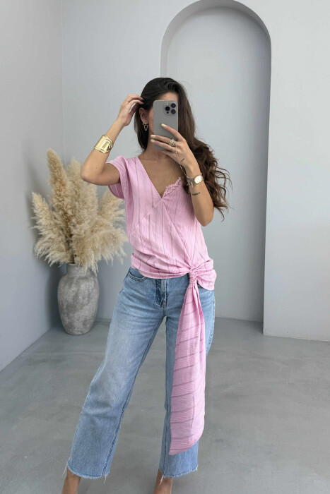 ONE COLOR LACE DETAIL WOMEN TANK TOP BABY PINK/ROZB - 3