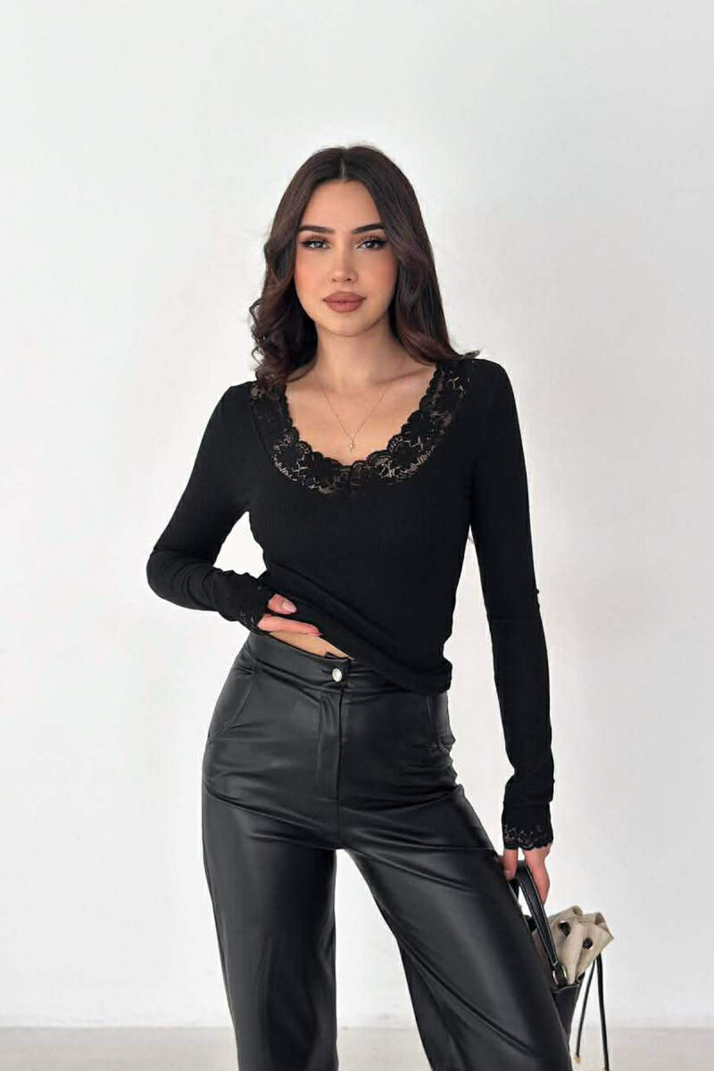ONE COLOR LACE V-NECK LONG SLEEVE WOMAN SWEATSHIRT BLACK/ E ZEZE - 1
