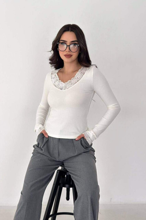 ONE COLOR LACE V-NECK LONG SLEEVE WOMAN SWEATSHIRT WHITE-E BARDHE - 2