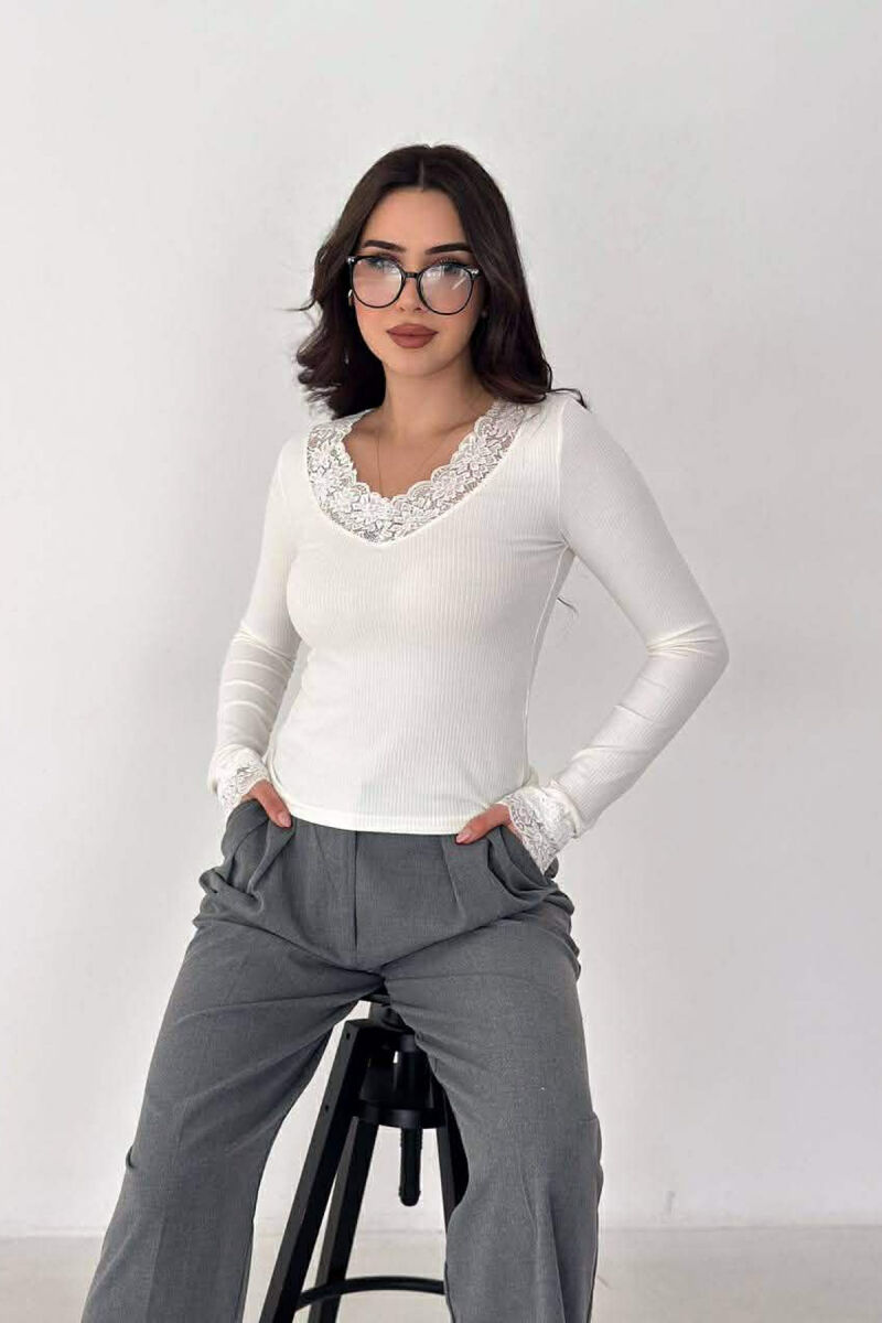 ONE COLOR LACE V-NECK LONG SLEEVE WOMAN SWEATSHIRT WHITE-E BARDHE - 2