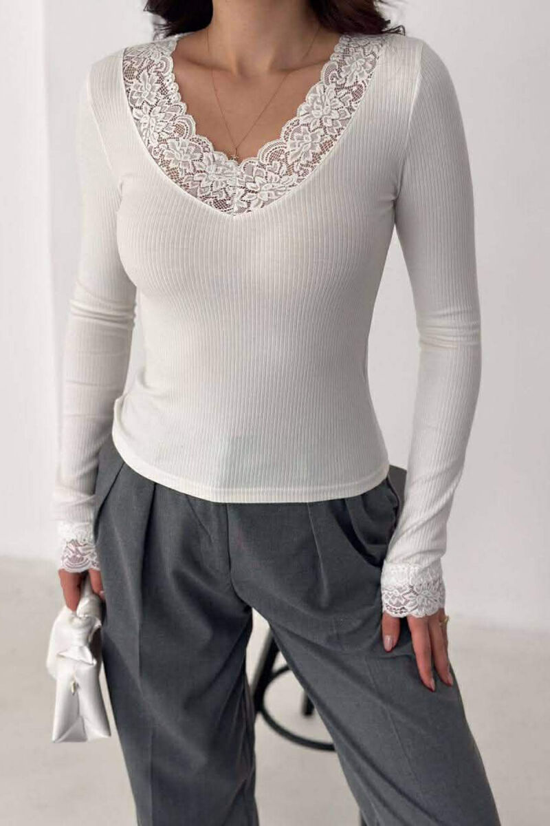 ONE COLOR LACE V-NECK LONG SLEEVE WOMAN SWEATSHIRT WHITE-E BARDHE - 3