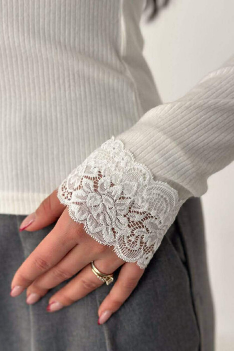 ONE COLOR LACE V-NECK LONG SLEEVE WOMAN SWEATSHIRT WHITE-E BARDHE - 4