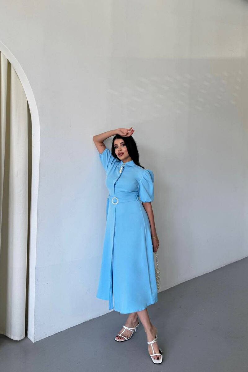 ONE COLOR LACING BELT POLO NECK WOMEN DRESS BABY BLUE/BLU BY - 1