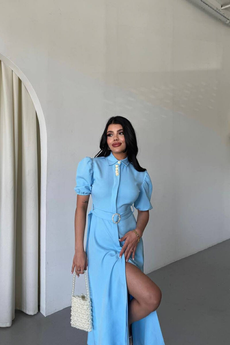 ONE COLOR LACING BELT POLO NECK WOMEN DRESS BABY BLUE/BLU BY - 2