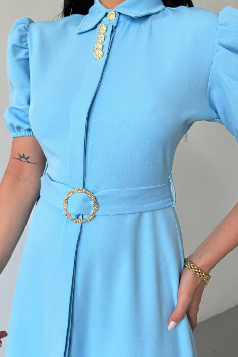 ONE COLOR LACING BELT POLO NECK WOMEN DRESS BABY BLUE/BLU BY - 3