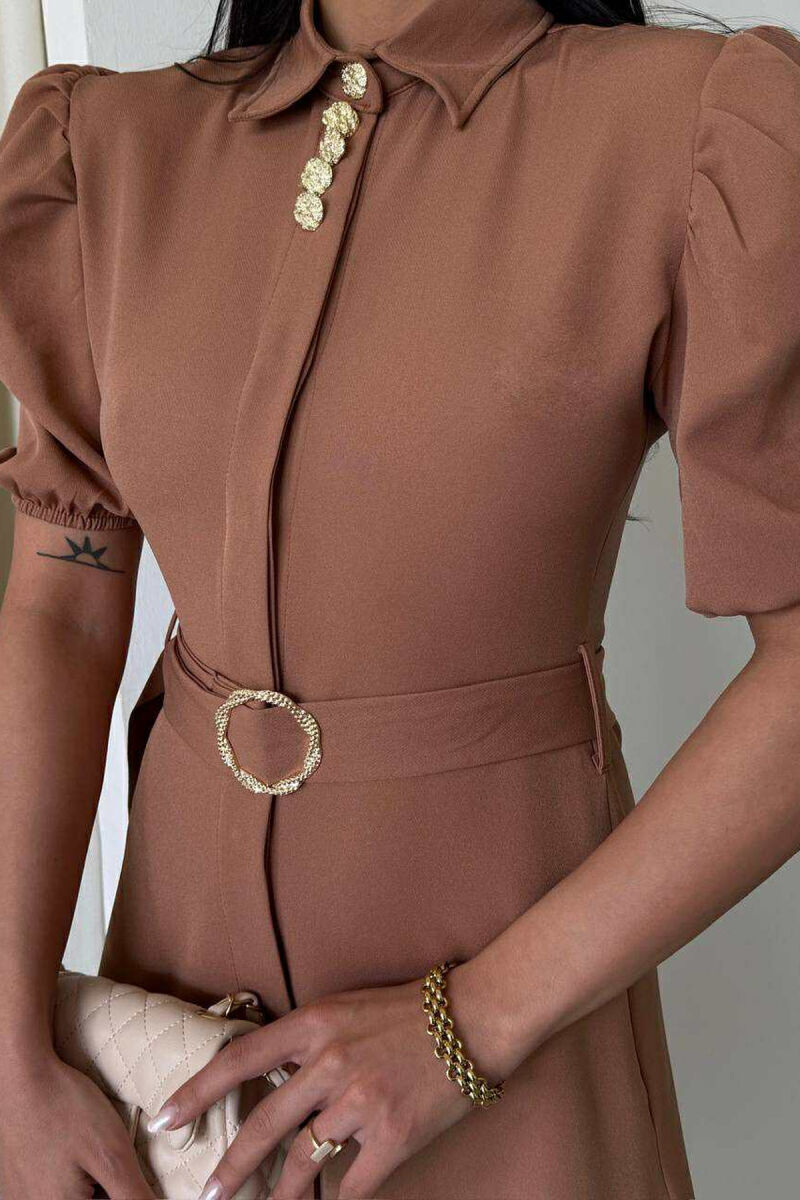 ONE COLOR LACING BELT POLO NECK WOMEN DRESS BEIGE/BEZHE - 4