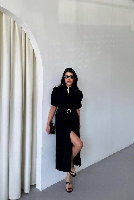 ONE COLOR LACING BELT POLO NECK WOMEN DRESS BLACK/ E ZEZE - 3