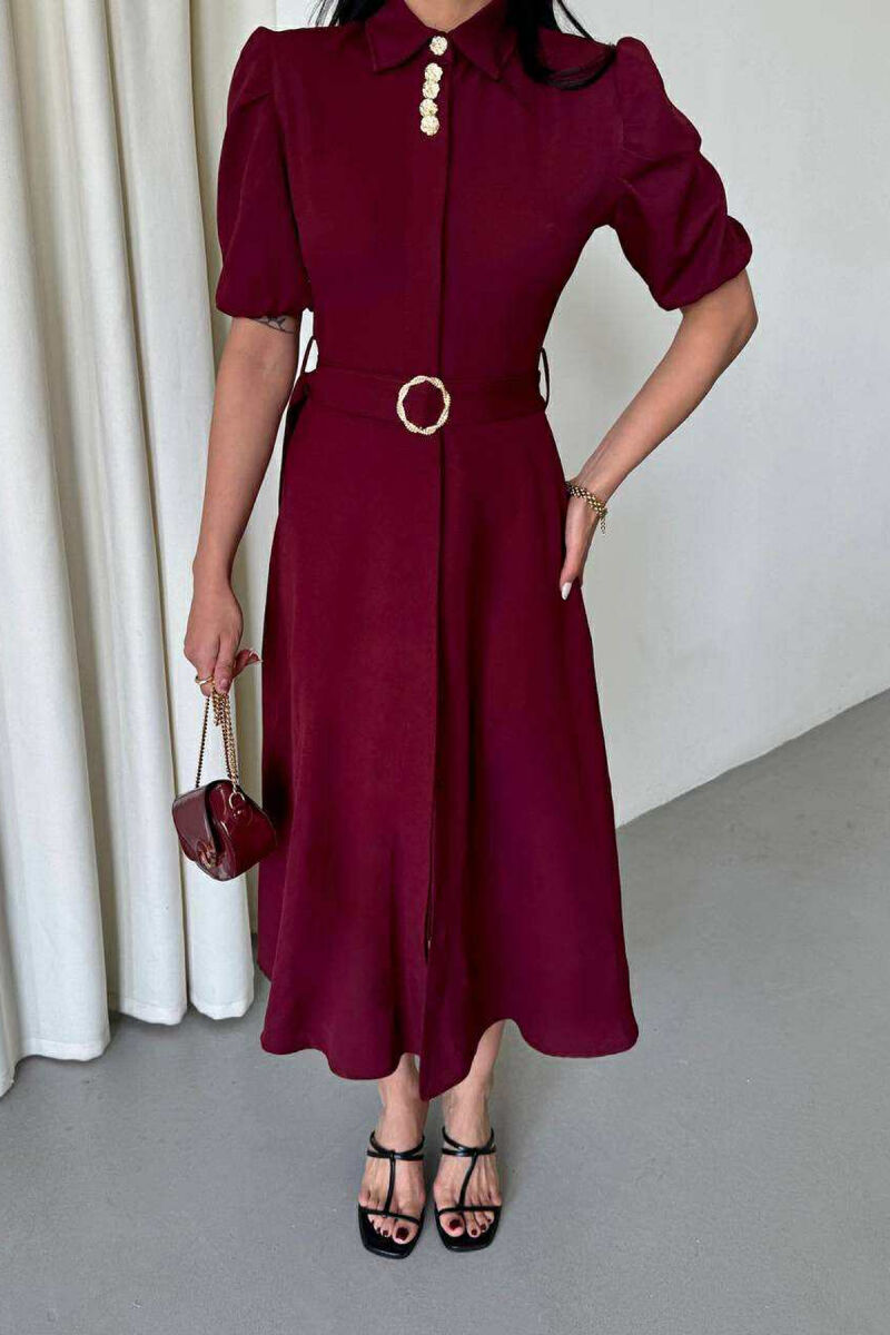 ONE COLOR LACING BELT POLO NECK WOMEN DRESS BURGUNDY/VISHNJE - 2