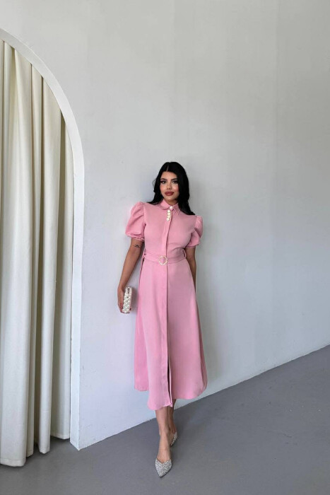 ONE COLOR LACING BELT POLO NECK WOMEN DRESS POWDER/PUDER - 