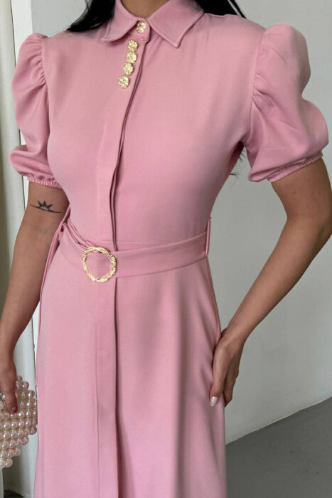 ONE COLOR LACING BELT POLO NECK WOMEN DRESS POWDER/PUDER - 2